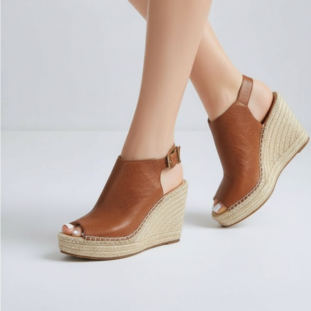Kenneth Cole Women Olivia Soft Leather Buckle Espadrilles‎ 8.5 Cognac Tan Heels